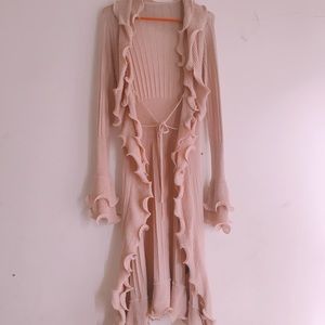 Long pink ruffle cardigan